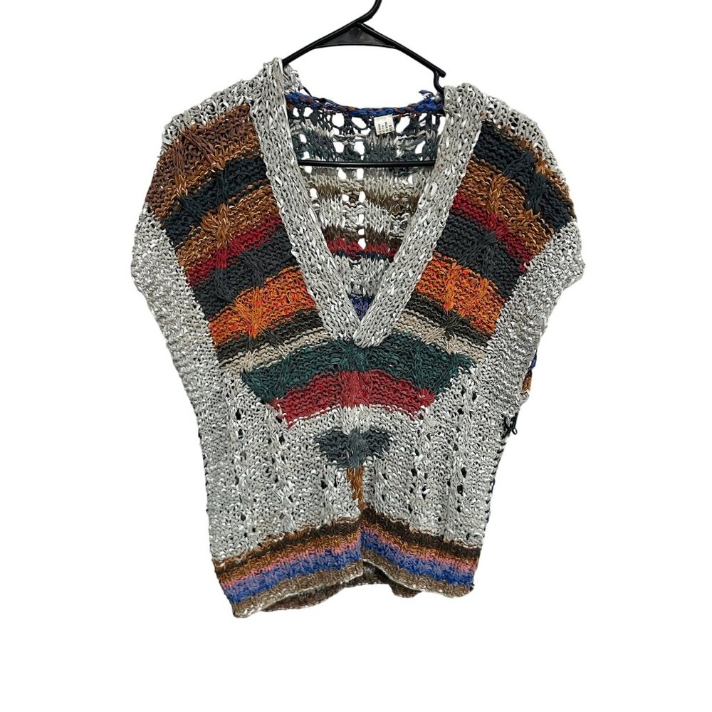 Disan Leather Medium Hand Crocheted Multicolor Striped V Neck Sweater Vest Bohem